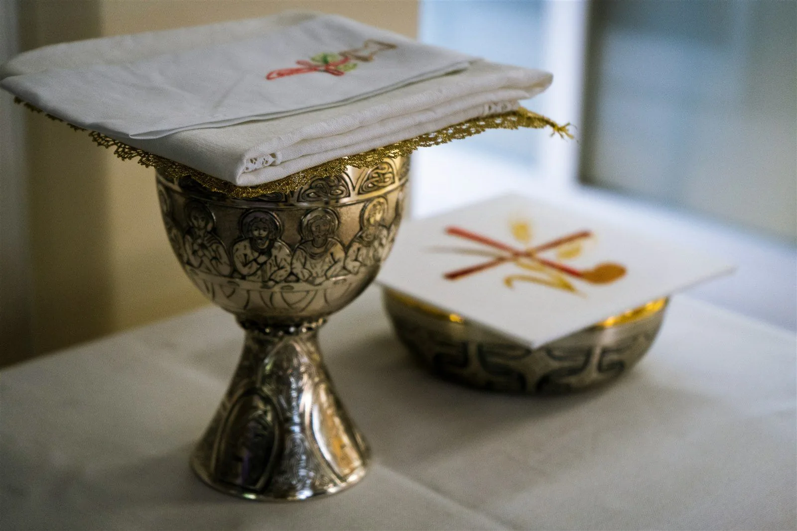 Chalices and liturgical linens prepared for the sacred liturgy